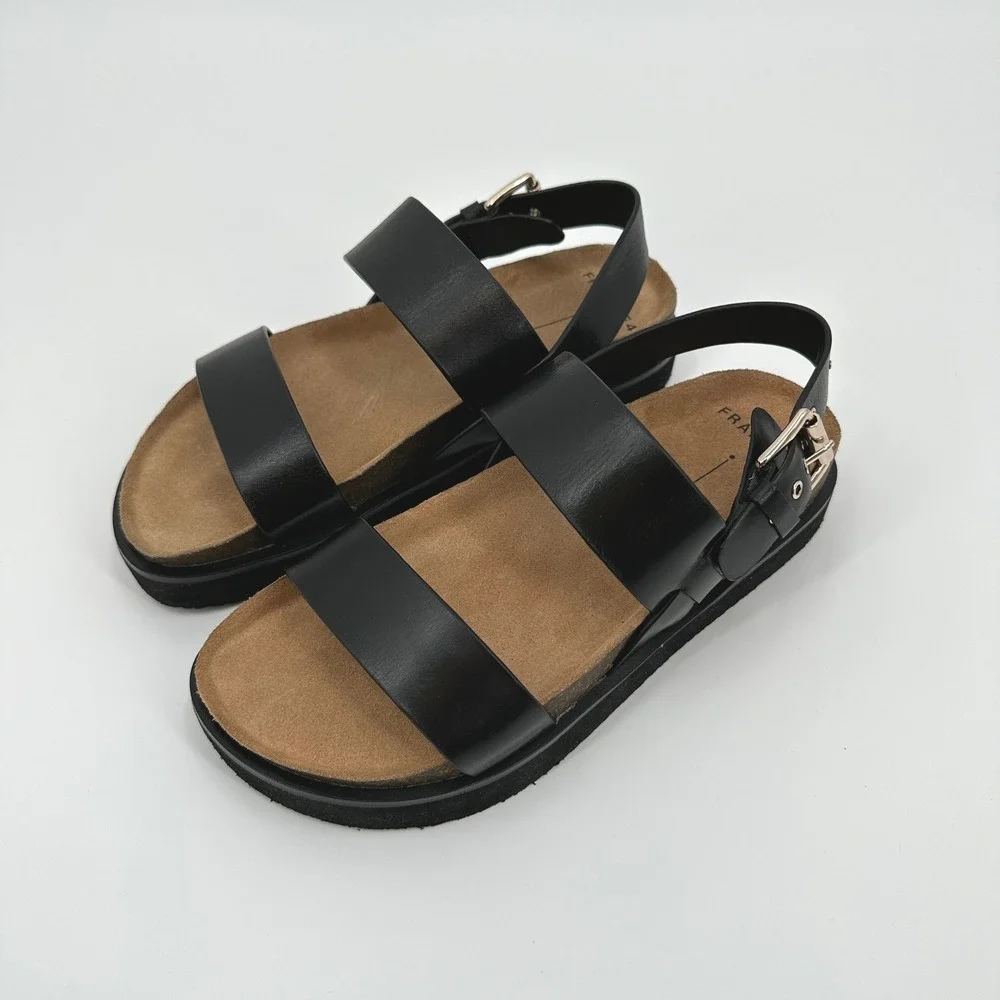Frankie4 Hunter Black Leather Platform Sandals Womens‎ 7 Cork Footbed NWOB